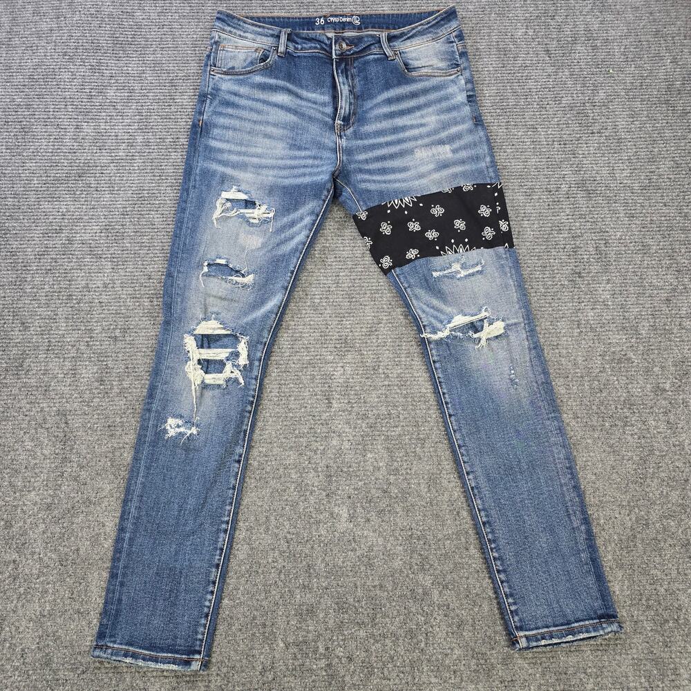 Crysp Denim Jeans Mens Size 36 Measures 36x33 Blue Distressed Bandana